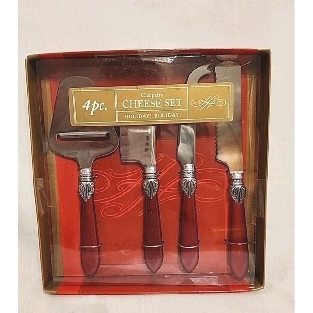 Cleopatra Holiday 4 pc Cheese Serving Set Red Metal handle‎ Open Box